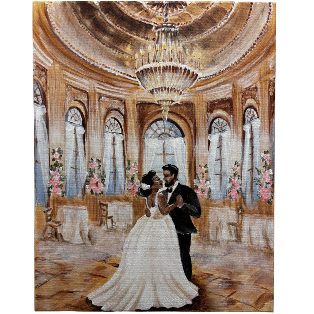 Original acrylic wedding painting of a bride and groom sharing their first dance beneath a grand chandelier in an elegant ballroom with arched windows and pink flowers.