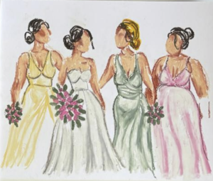 Expressive oil pastel portrait of four bridesmaids in yellow, white, sage green, and pink dresses holding floral bouquets. Copy