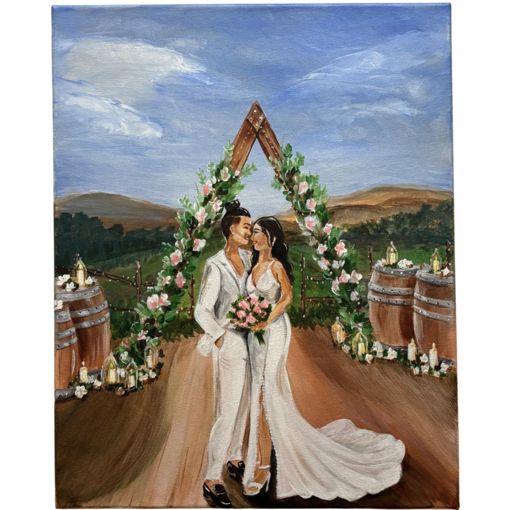 Original acrylic wedding painting of two brides sharing a kiss beneath a wooden floral arbor, surrounded by pink roses, candlelit barrels, and rolling countryside hills.