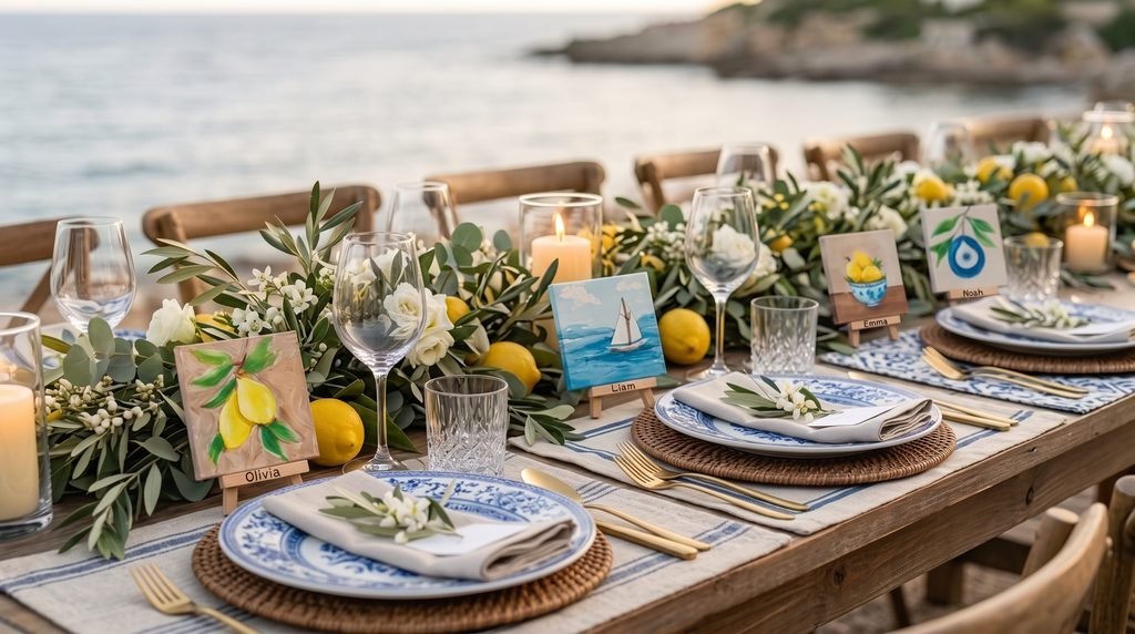 Four hand-painted 4 × 4 inch mini wedding canvases featuring lemons, a sailboat, and a blue evil eye, displayed on personalized wooden easels along a coastal wedding reception table.