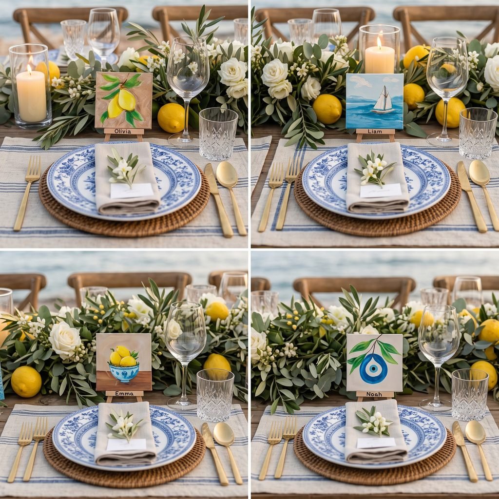 Four hand-painted 4×4 inch mini canvases on wooden easels as personalized place cards at a coastal Mediterranean wedding table, with lemons, a sailboat, a bowl of lemons and an evil eye, named Olivia, Liam, Emma and Noah
