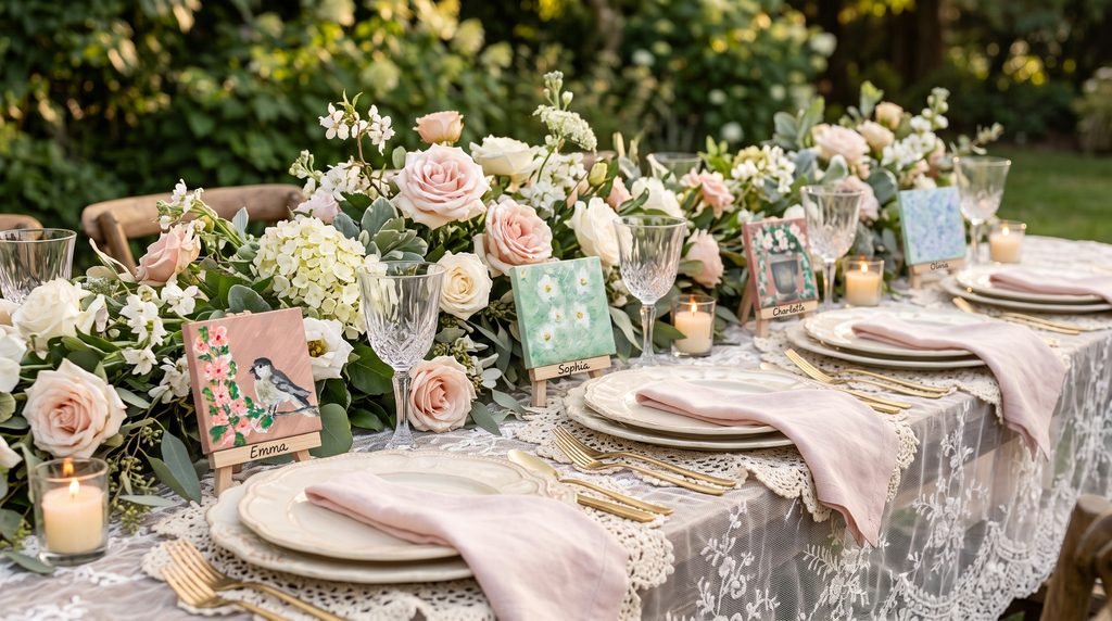 Four hand-painted 4 × 4 inch mini wedding canvases featuring garden-inspired designs, displayed on personalized wooden easels along a floral wedding reception table.