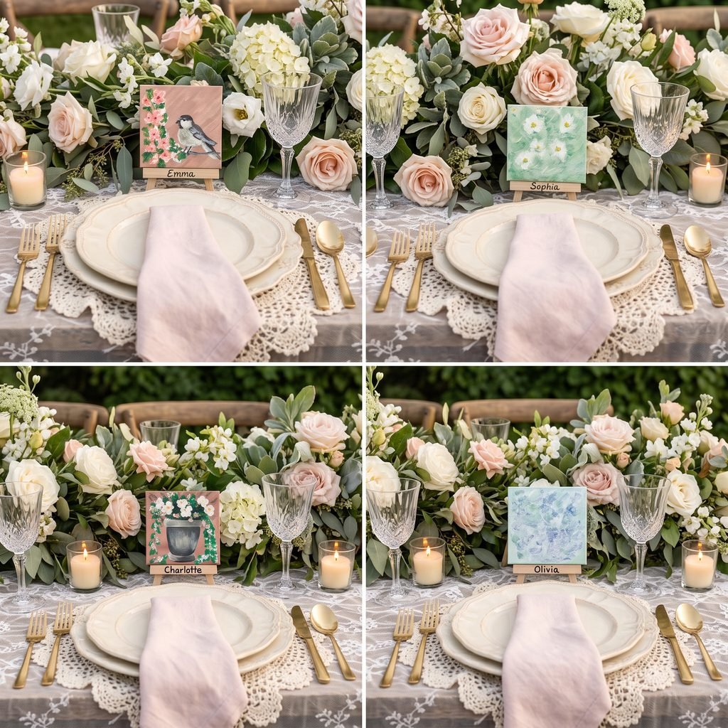 Four hand-painted 4 × 4 inch mini wedding canvases featuring birds, flowers, and soft garden florals, displayed on personalized wooden easels as wedding place cards.