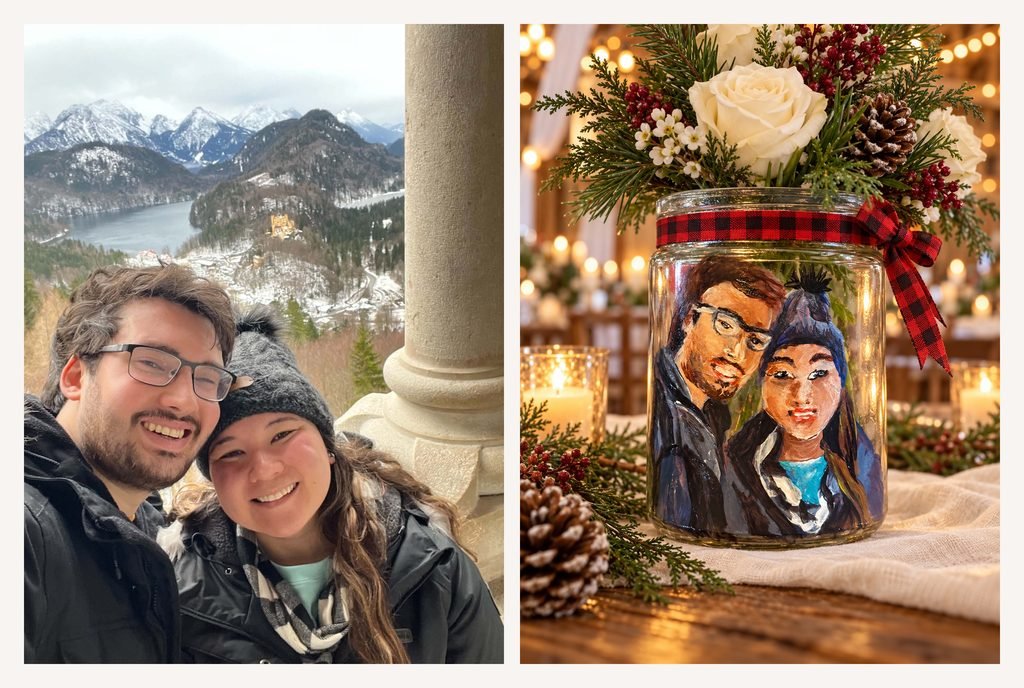 Side-by-side comparison of a couple's selfie in front of snowy mountains and their hand-painted portrait on a glass jar decorated with holiday flowers and greenery.