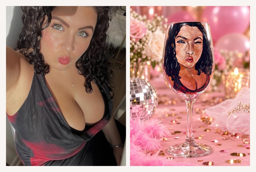 Side-by-side comparison of a woman's reference selfie and her hand-painted portrait on a wine glass, featuring dark curly hair and a pink party setting.